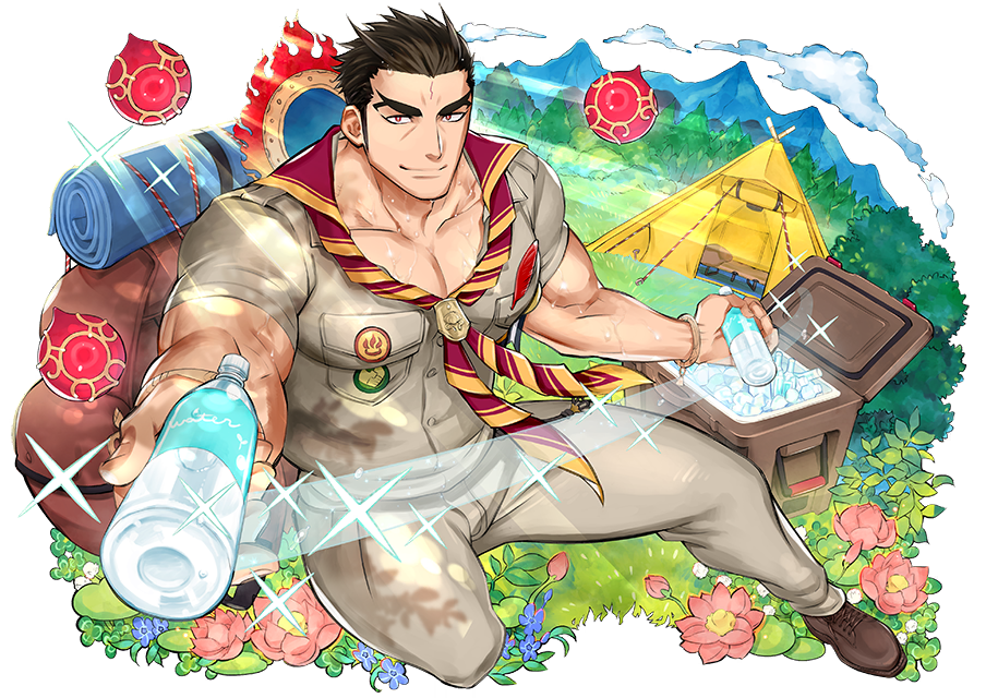1boy, aizen_(tokyo_houkago_summoners), alternate_costume, badge, bara, black_hair, chest, facial_mark