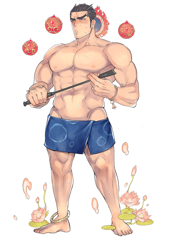 1boy, abs, aizen_(tokyo_houkago_summoners), alternate_costume, bara, barefoot, black_hair, blush