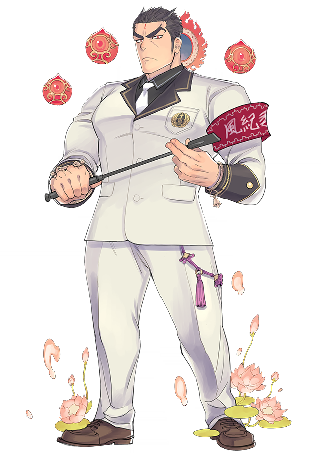 1boy, aizen_(tokyo_houkago_summoners), armband, bara, black_hair, chest, facial_mark, flower
