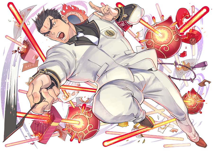 1boy, aizen_(tokyo_houkago_summoners), bara, black_hair, chest, dynamic_pose, facial_mark, forehead_mark