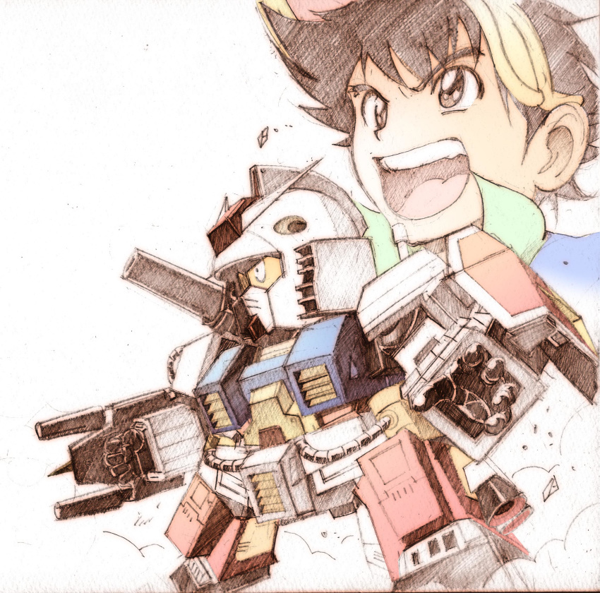 1boy, black_hair, brown_eyes, chibi, clenched_hand, gundam, highres, mecha
