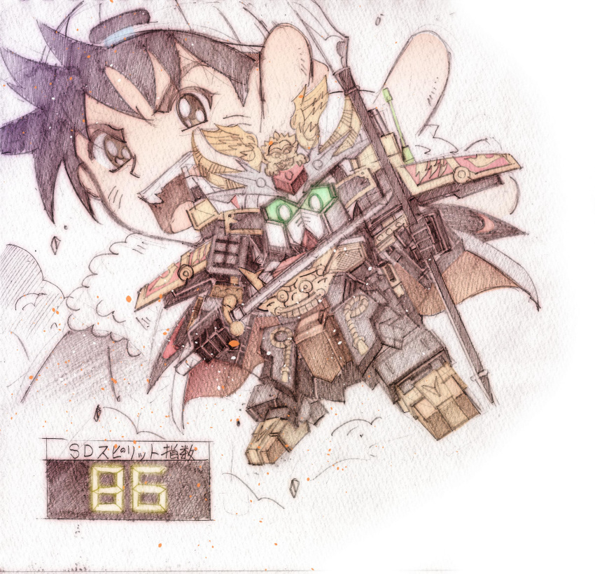 1boy, backwards_hat, black_eyes, black_hair, chibi, green_eyes, gundam, hat