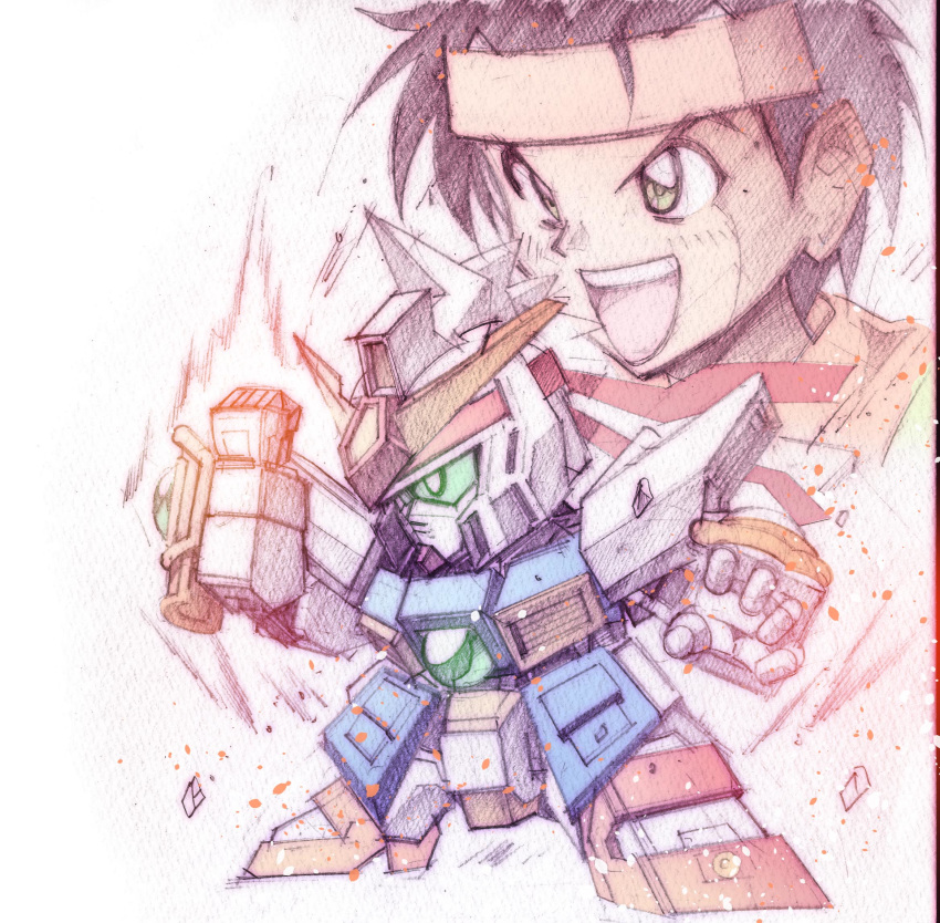 1boy, black_hair, character_request, chibi, clenched_hand, green_eyes, gundam, headband, highres, mecha, open_hand, open_mouth, plamo_wars, sou_yuto, tatsurounakanishi, traditional_media