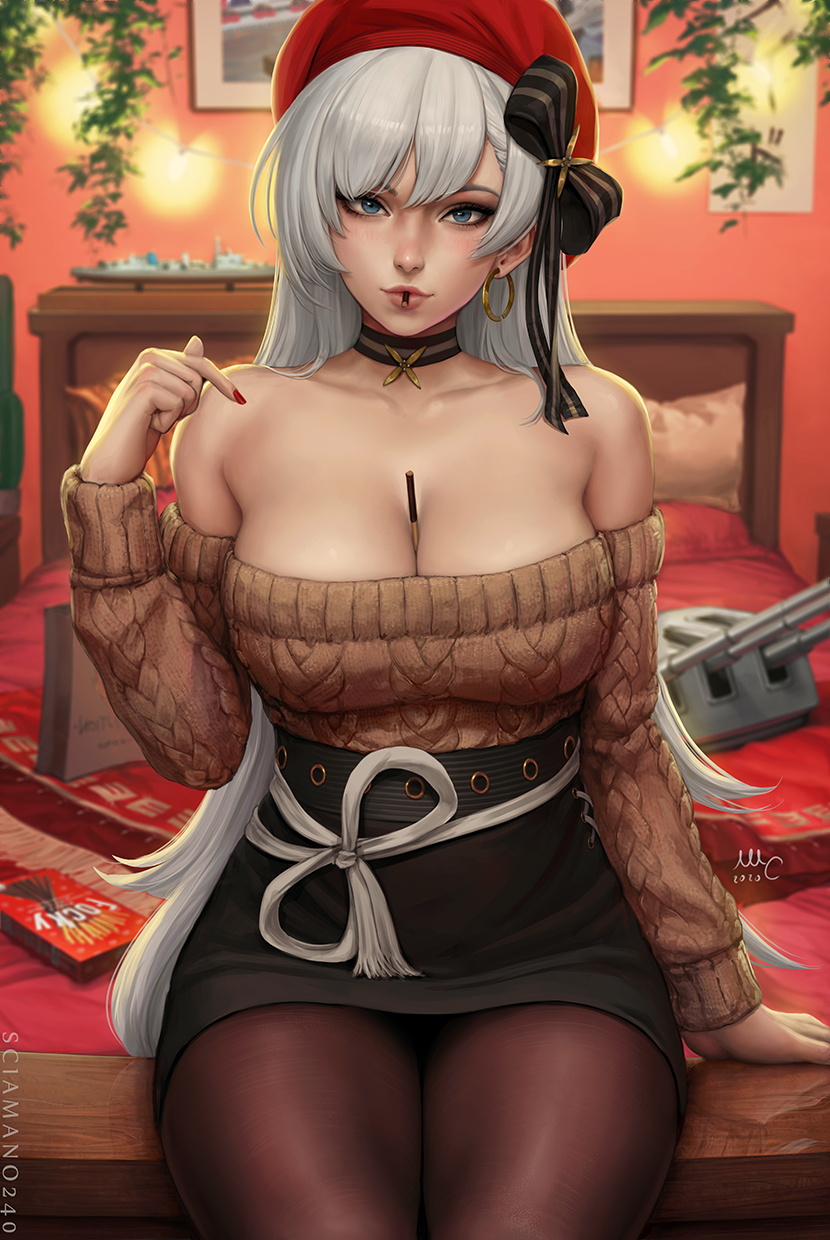 1girl, aran_sweater, azur_lane, bed, bedroom, belfast_(azur_lane), belfast_(shopping_with_the_head_maid)_(azur_lane), beret