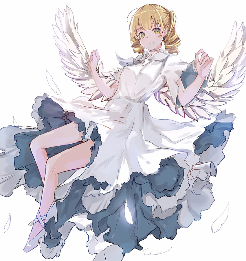 1girl, angel_wings, bangs, blonde_hair, dress, drill_hair, high_heels, highres, jessica_(jinrou_judgment), jinrou_judgment, long_dress, long_hair, looking_at_viewer, neco_(nhve3735), simple_background, smile, solo, white_background, white_dress, wings