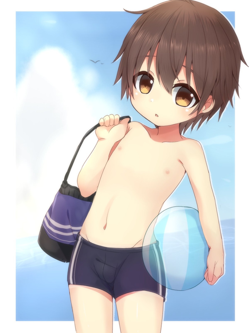 1boy, bag, ball, bangs, beachball, blush, brown_eyes, brown_hair, day, highres, looking_at_viewer, male_swimwear, meranoreuka_(naokentak), navel, nipples, original, outdoors, sky, solo, swim_briefs, swimsuit, swimwear, water
