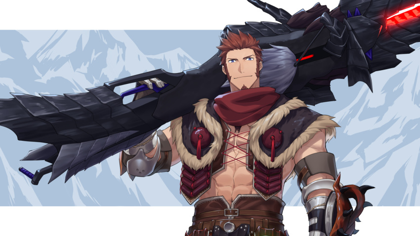 1boy, 47, abs, alternate_costume, alternate_weapon, arm_up, bara, beard