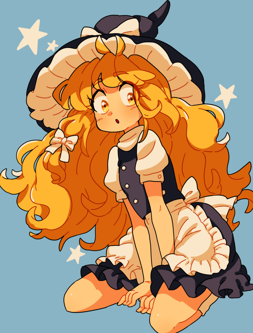 1girl, apron, black_dress, black_headwear, blonde_hair, blue_background, blush, bow, buttons, dress, eyebrows_visible_through_hair, eyes_visible_through_hair, hair_bow, hat, hat_bow, highres, looking_to_the_side, open_mouth, raburine, short_sleeves, simple_background, sitting, solo, star_(symbol), touhou, waist_apron, wariza, white_bow, white_legwear, witch_hat, yellow_eyes