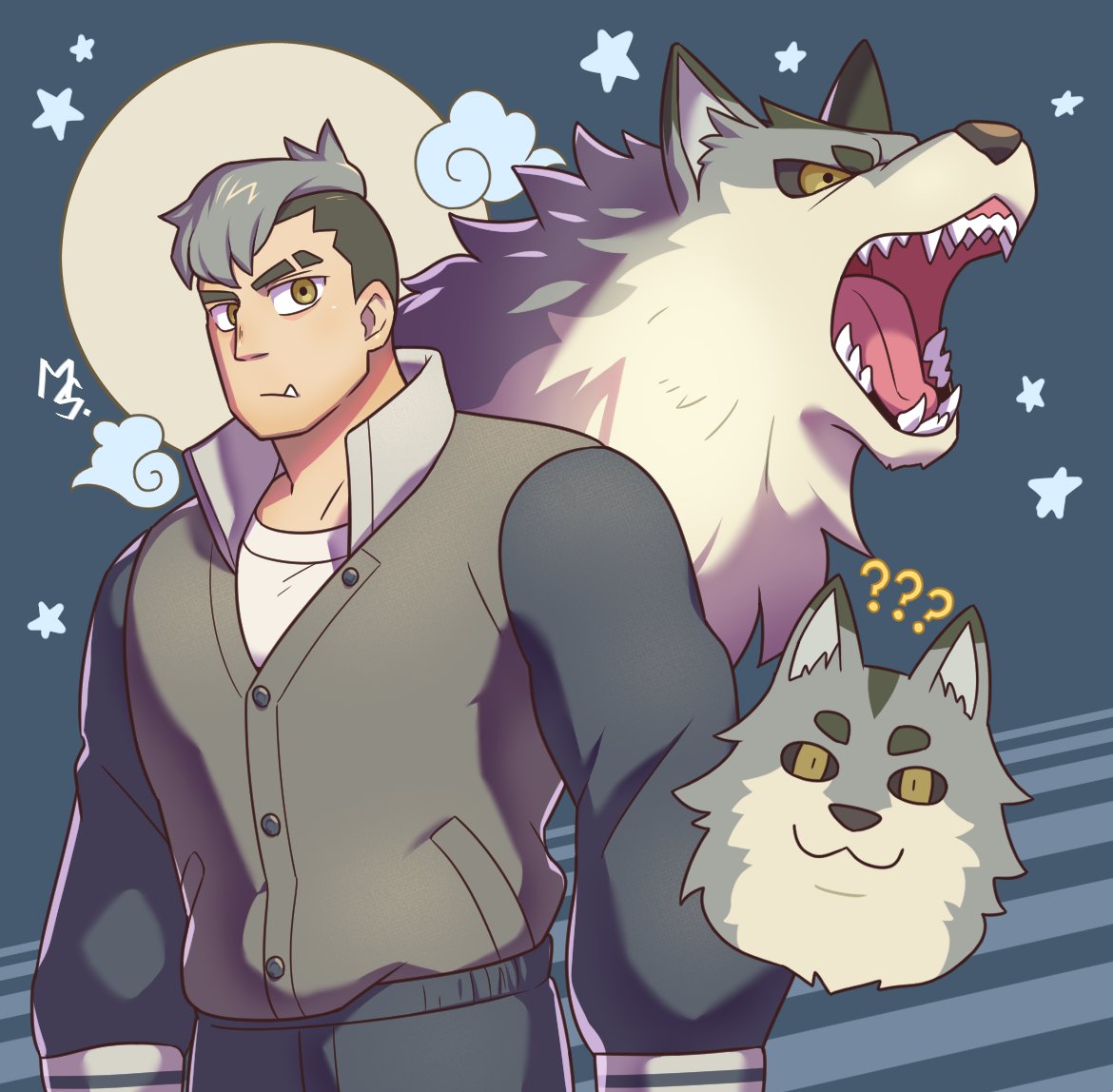1boy, ??, animal, bara, chibi, chibi_inset, collar, eyebrow_cut