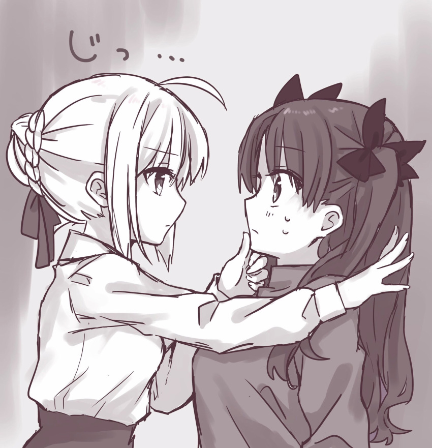 2girls, ahoge, artoria_pendragon_(all), blush, braid, eye_contact, fate/stay_night, fate_(series), french_braid, from_side, greyscale, hair_between_eyes, highres, long_hair, looking_at_another, monochrome, multiple_girls, saber, sidelocks, sweat, tanka_kikurage, tohsaka_rin, touching_another's_chin, wall_slam, yuri