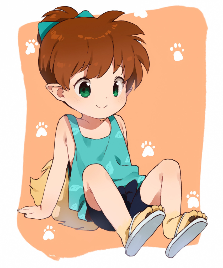 1boy, bangs, blush, brown_hair, eyebrows_visible_through_hair, feet, fox_tail, full_body