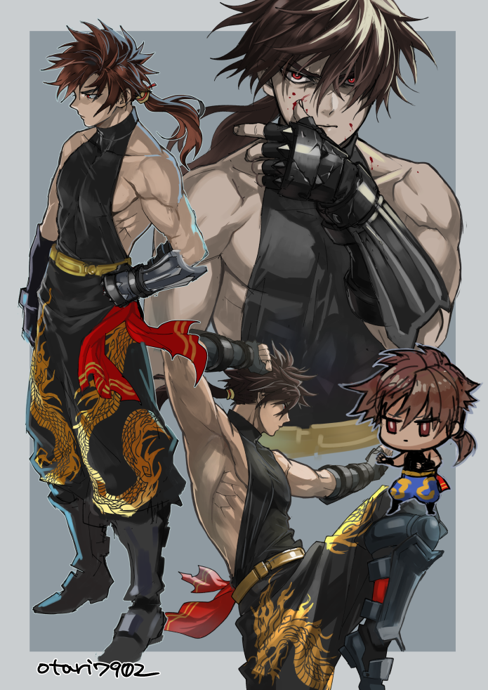 1boy, belt, black_footwear, black_gloves, black_pants, black_shirt, blood, blood_on_face
