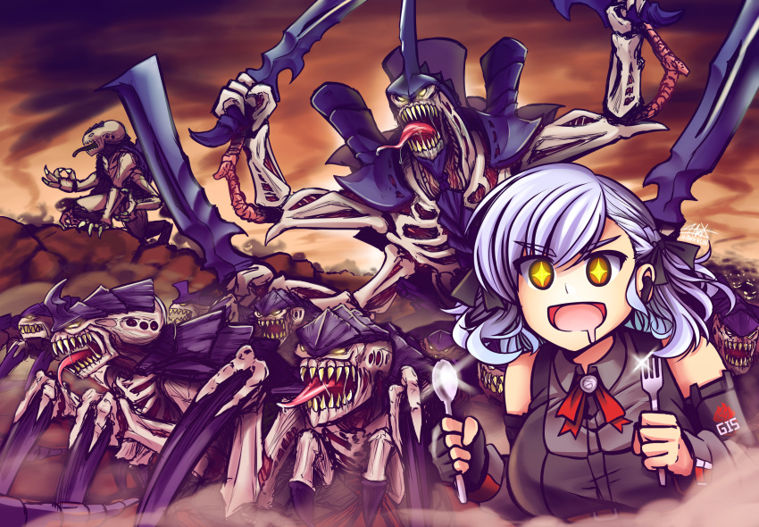 1girl, 6+others, alien, claws, drooling, extra_arms, fork, genestealer