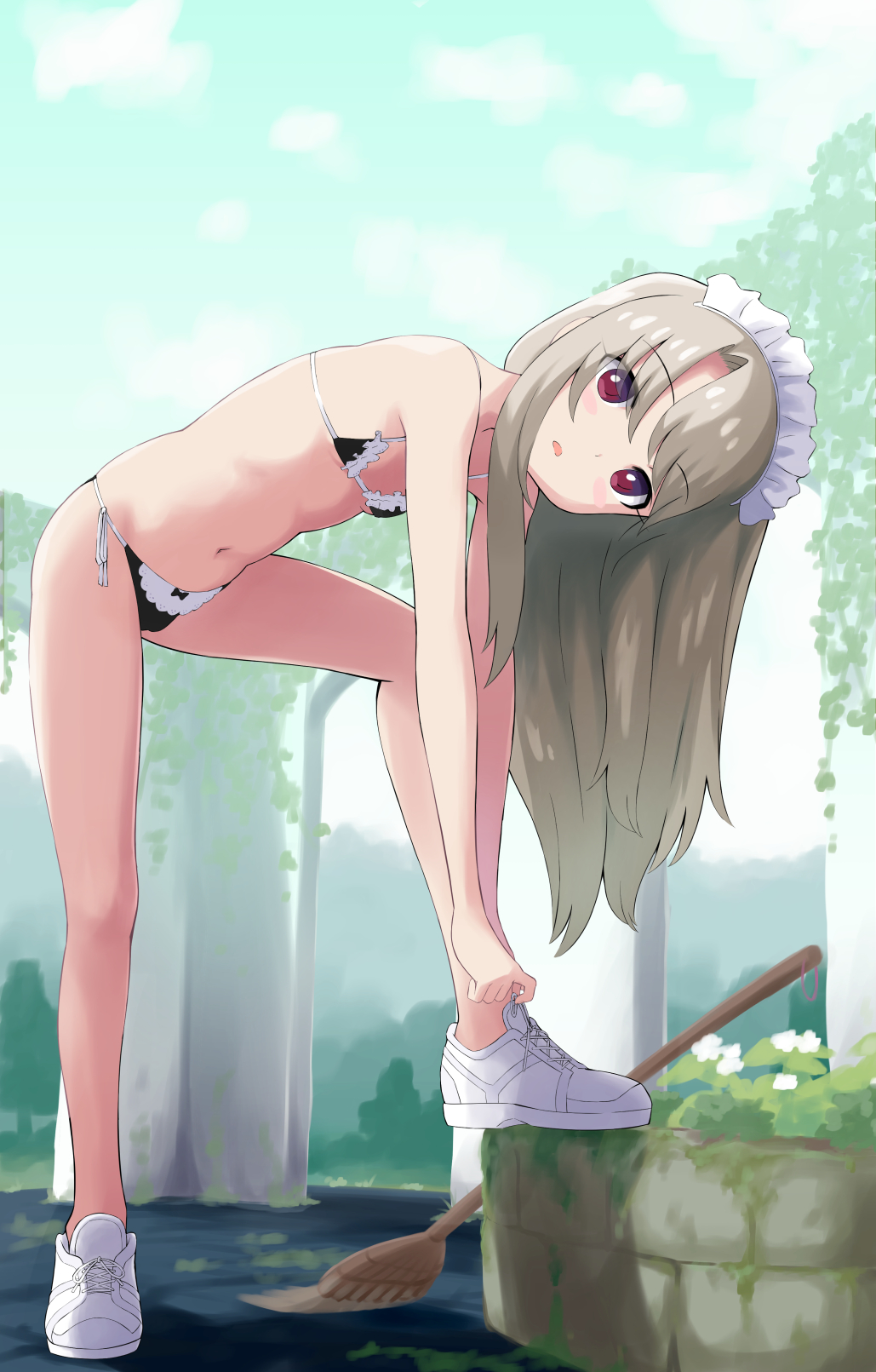 1girl, bangs, bare_shoulders, bent_over, bikini, black_bikini, blue_sky, blush