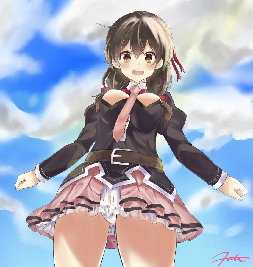 1girl, absurdres, akgotch, ass_visible_through_thighs, belt, between_breasts, blue_sky, blush