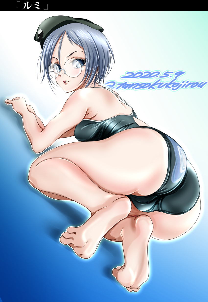 absurdres, all_fours, ass, bangs, barefoot, beret, black_headwear, character_name