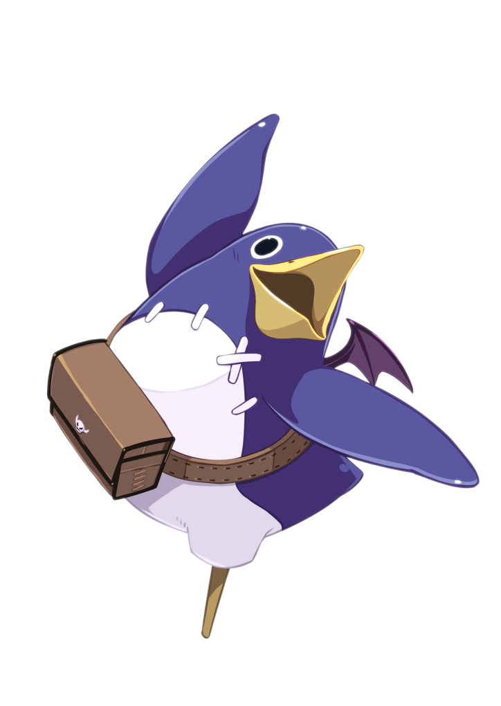 bat_wings, beak, disgaea, full_body, no_humans, pegleg, prinny, simple_background