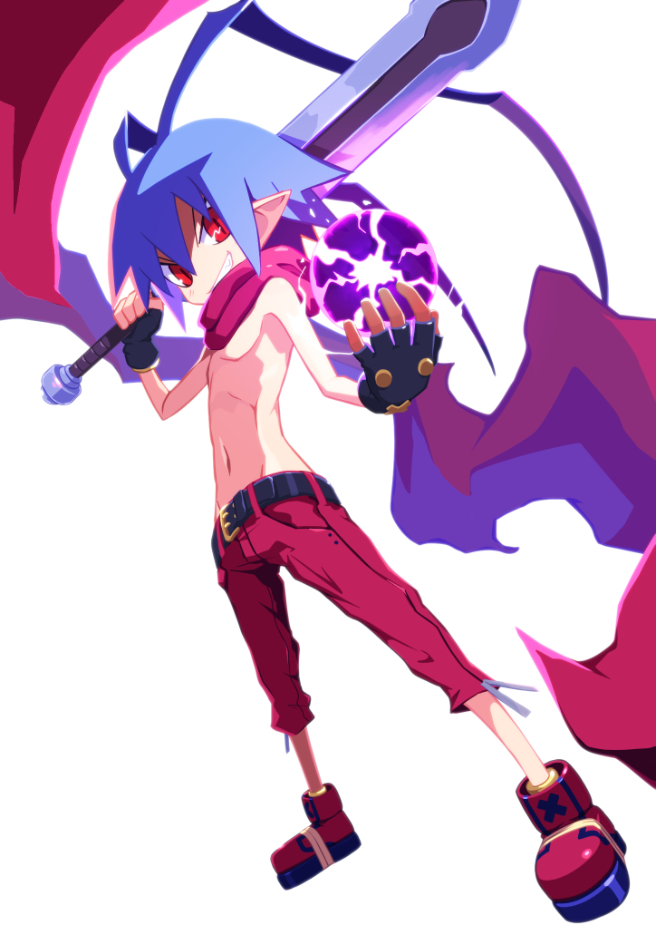 1boy, blue_hair, disgaea, disgaea_d2, laharl, looking_at_viewer, male_focus, navel