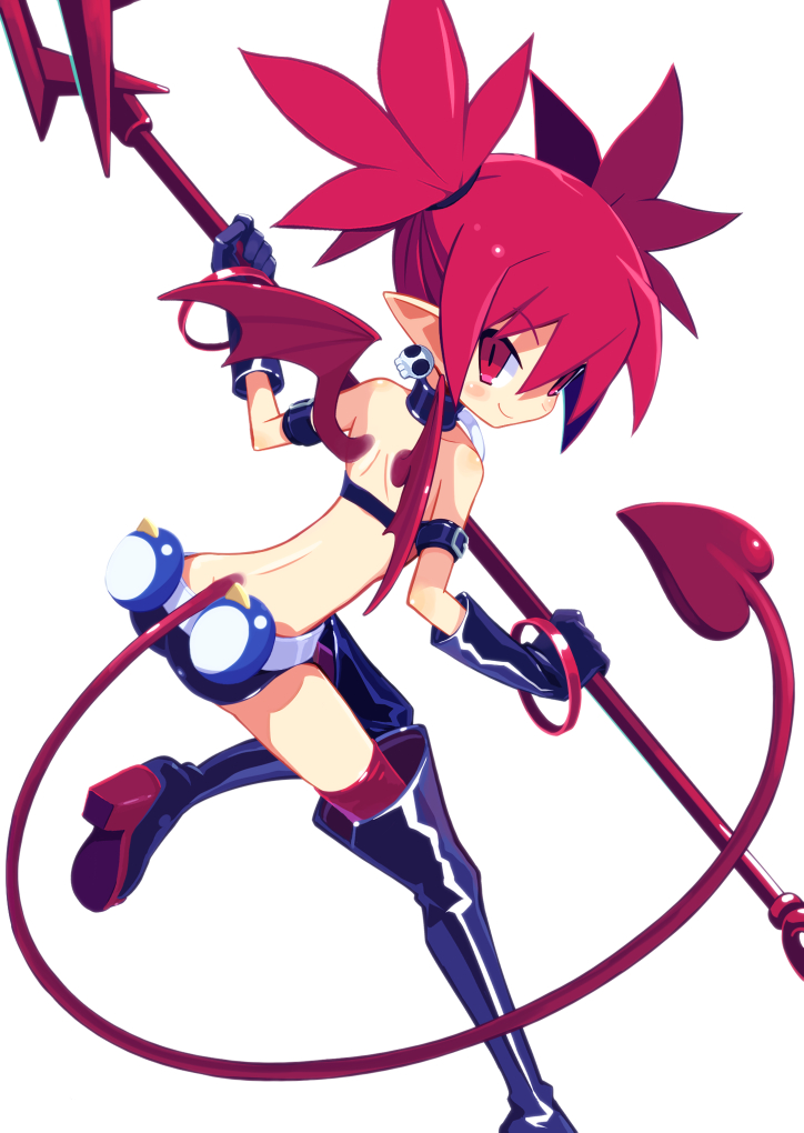 1girl, bare_shoulders, belt, black_choker, black_gloves, black_legwear, bracelet, choker, demon_tail, demon_wings, disgaea, disgaea_d2, earrings, etna, fanny_pack, gloves, holding, holding_spear, holding_weapon, jewelry, pointy_ears, polearm, red_eyes, redhead, short_hair, simple_background, skull_earrings, slit_pupils, smile, spear, tail, thigh-highs, twintails, weapon, white_background, wings, zuku_p