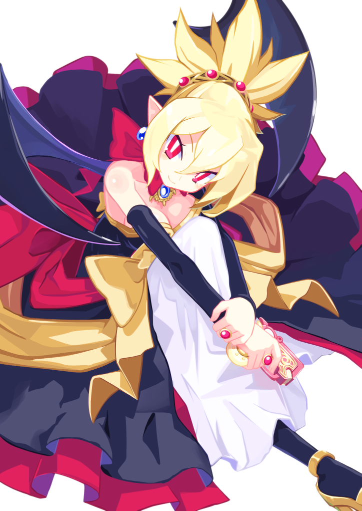 1girl, bangs, black_dress, black_wings, blonde_hair, boots, bow, breasts