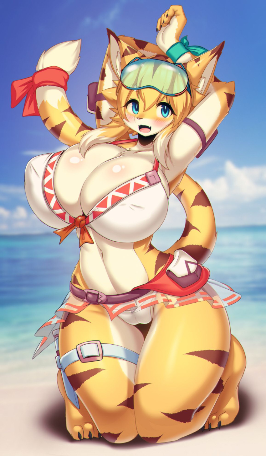 1girl, :d, animal_ears, armlet, bangs, beach, bikini, bikini_skirt, blonde_hair, blush, breasts, cat_ears, cat_tail, furry, goggles, happy, highres, mia_(world_flipper), multicolored_hair, open_mouth, see-through, short_hair, smile, solo, swimsuit, tail, tailzkim, tiger_girl, two-tone_hair, white_bikini, white_hair, world_flipper