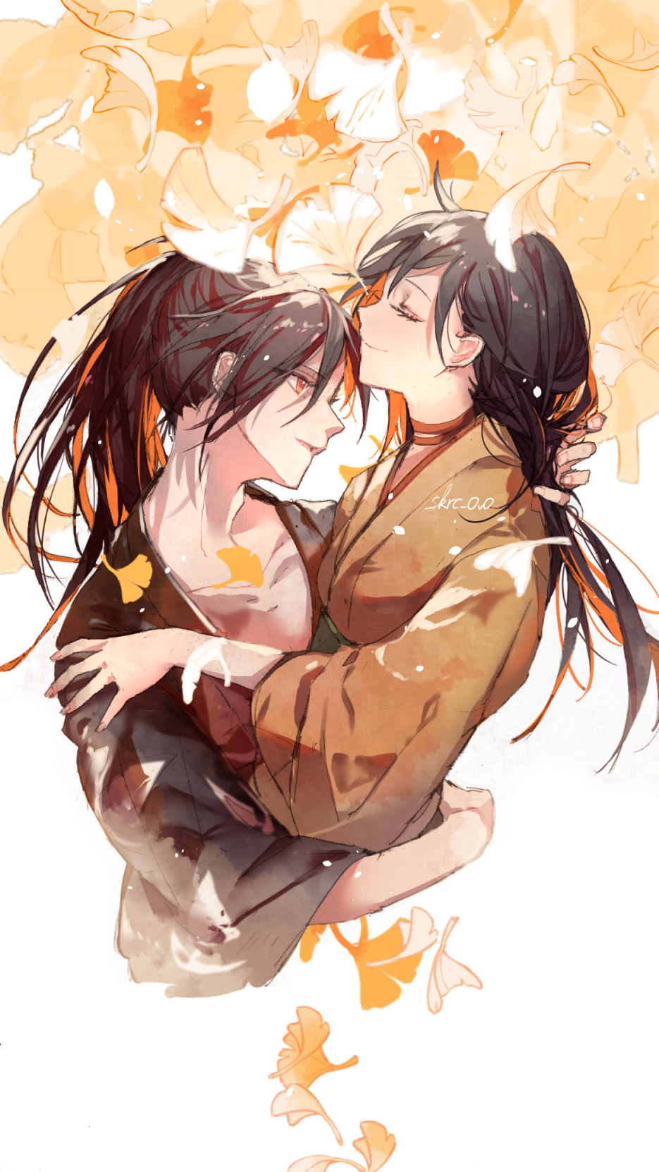 1boy, 1girl, autumn_leaves, black_clothes, couple, dororo_(character), dororo_(tezuka), hetero