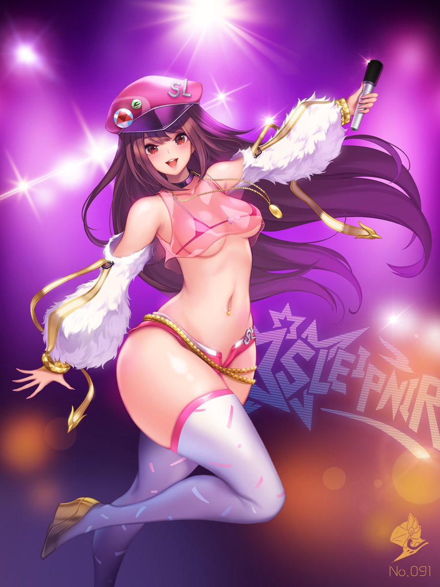 1girl, bangs, bikini, bikini_top, boots, breasts, character_name, choker, crop_top, crop_top_overhang, detached_sleeves, hat, highres, idol, jewelry, last_origin, long_hair, microphone, navel, necklace, open_mouth, p-49_sleipnir, purple_hair, red_eyes, see-through, smile, swimsuit, thigh-highs, thigh_boots, thighs, toriseru_(thesuperhero), white_legwear