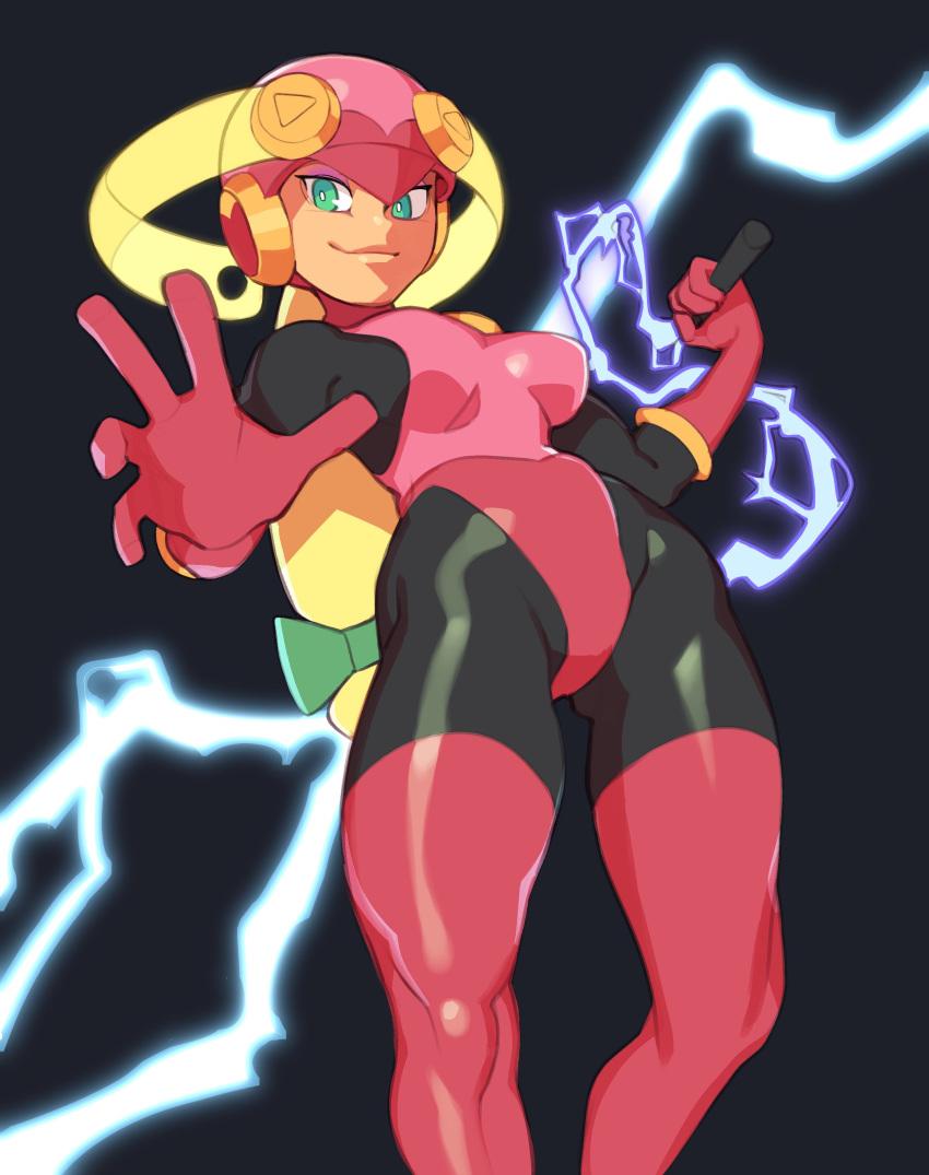 1girl, absurdres, ass_visible_through_thighs, black_bodysuit, blonde_hair, blue_background, bodysuit, boots