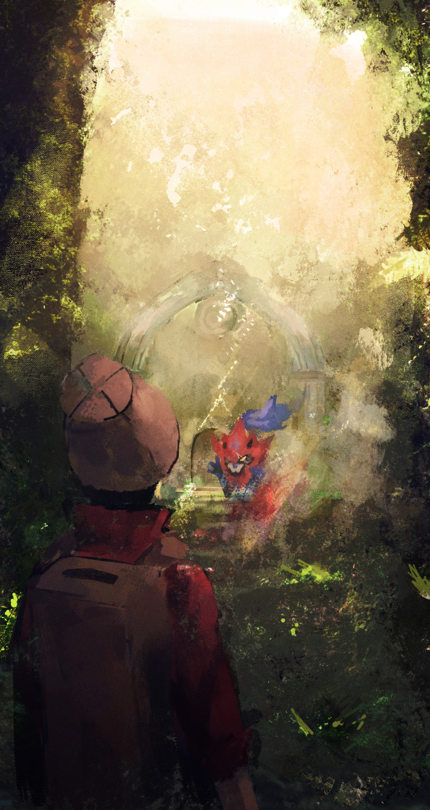 1boy, absurdres, backpack, bag, beanie, commentary_request, day, foliage