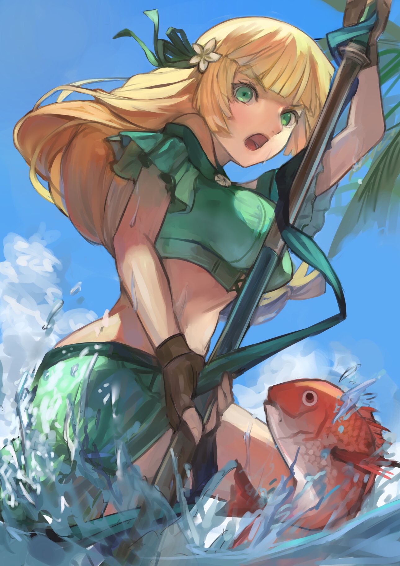 1girl, blonde_hair, blue_sky, brown_gloves, clouds, day, fingerless_gloves, fire_emblem, fire_emblem:_three_houses, fire_emblem_heroes, fish, flower, gloves, green_eyes, hair_flower, hair_ornament, highres, holding, ingrid_brandl_galatea, long_hair, mai_yukari, open_mouth, outdoors, polearm, sky, solo, swimsuit, water, weapon