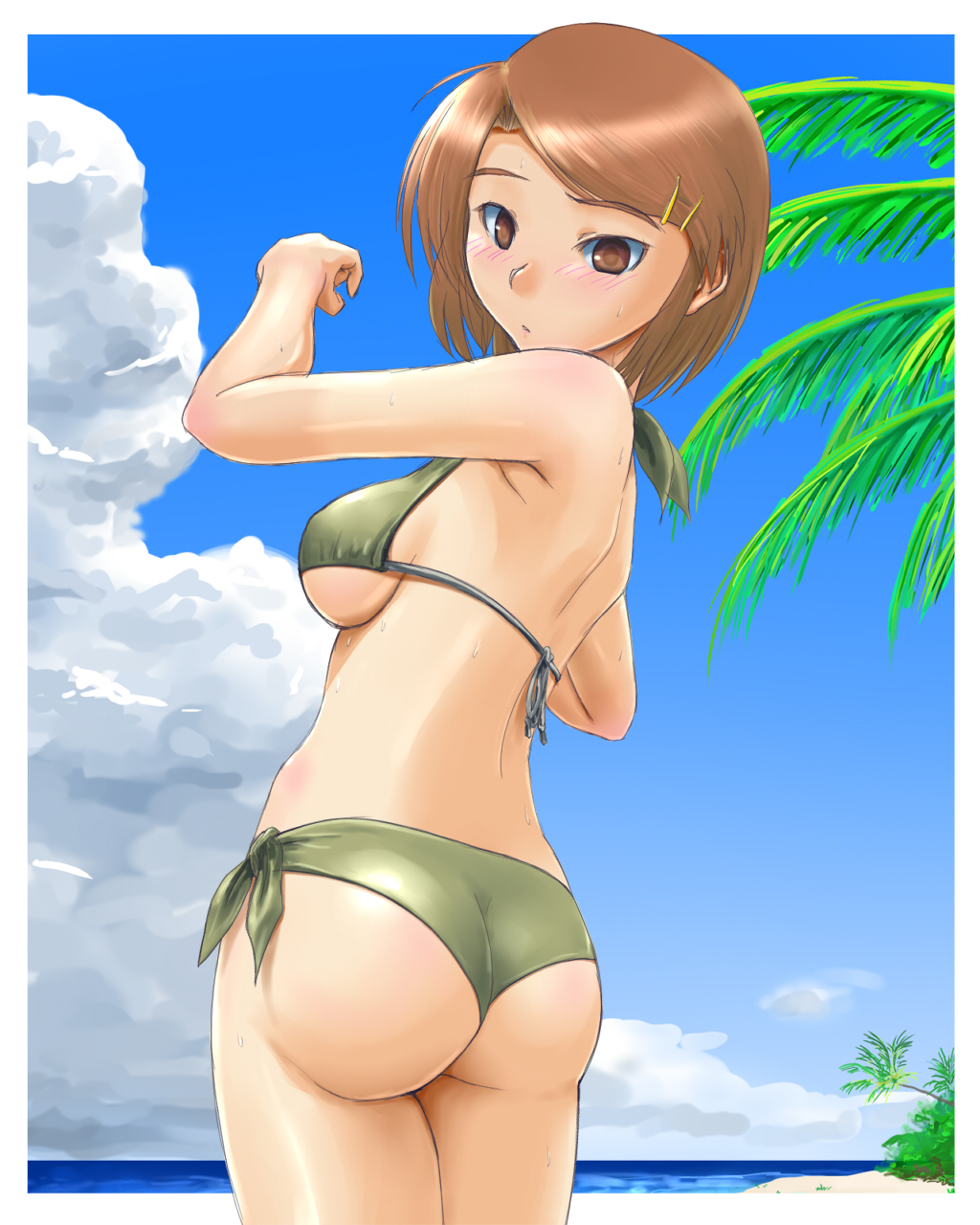 1girl, adder, ass, beach, bikini, blue_sky, border, breasts, brown_hair, clouds, green_eyes, highres, large_breasts, ocean, original, outside_border, palm_tree, side-tie_bikini, sideboob, sky, solo, sweat, swimsuit, tree, white_border