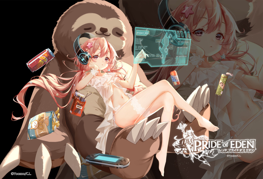 1girl, babydoll, black_background, can, chips, closed_mouth, clouble, crossed_legs