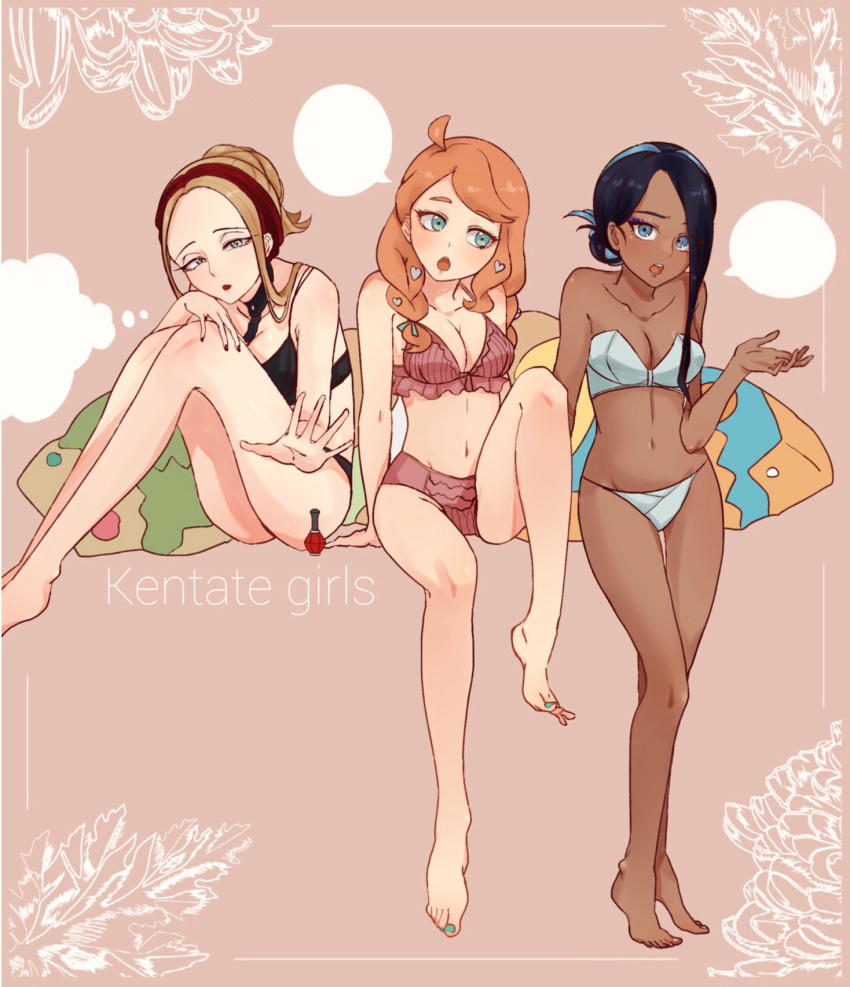 3girls, alternate_costume, alternate_hairstyle, barefoot, black_hair, blue_eyes, blue_hair, breasts