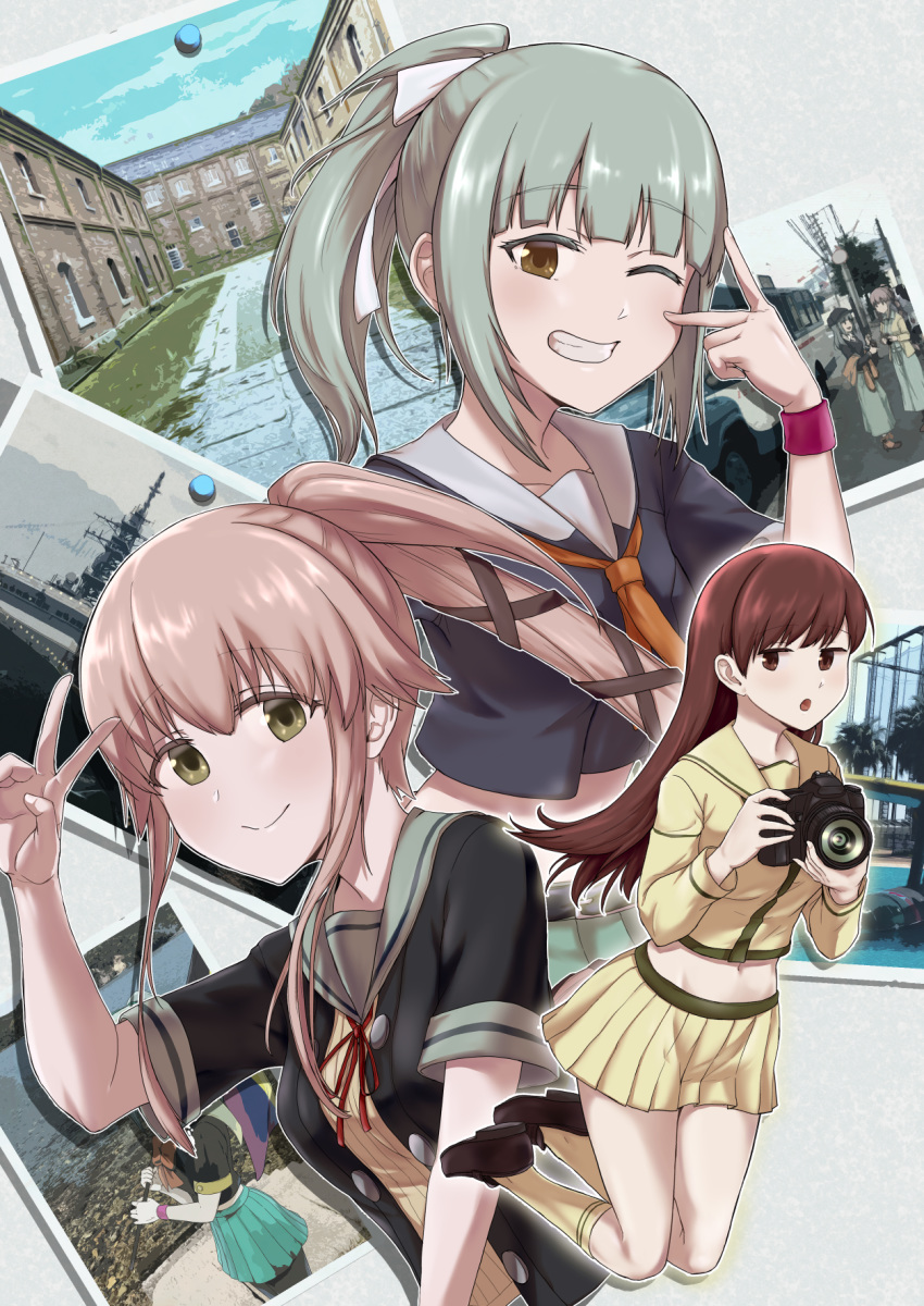 3girls, bangs, breasts, brown_eyes, brown_hair, camera, eyebrows_visible_through_hair, green_eyes