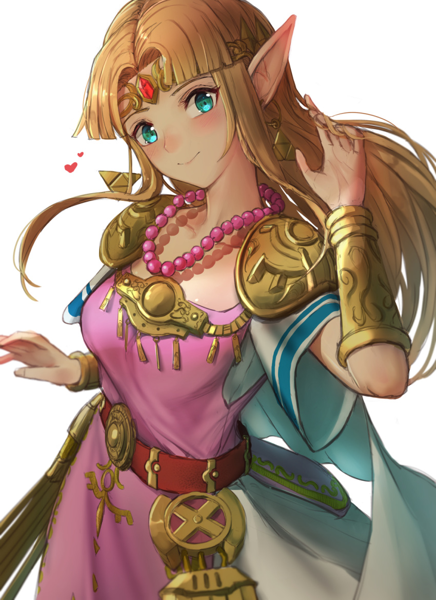 1girl, aqua_eyes, arm_up, bangs, bead_necklace, beads, belt, blush