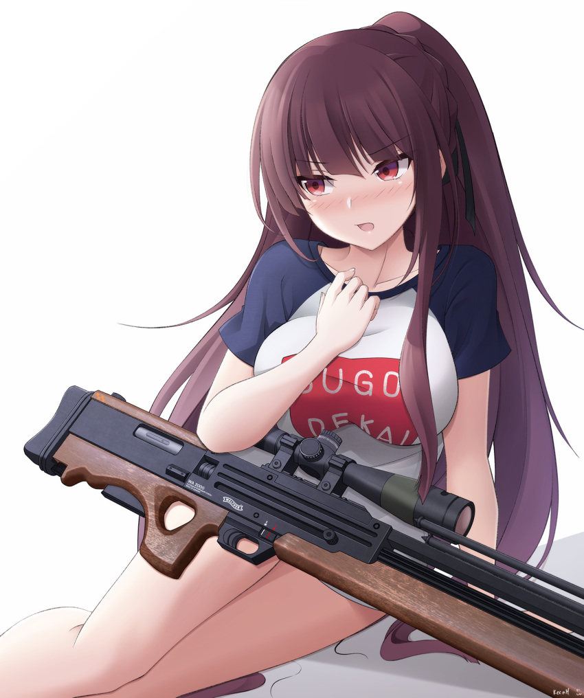 1girl, blush, breasts, bullpup, cosplay, embarrassed, frown, girls_frontline