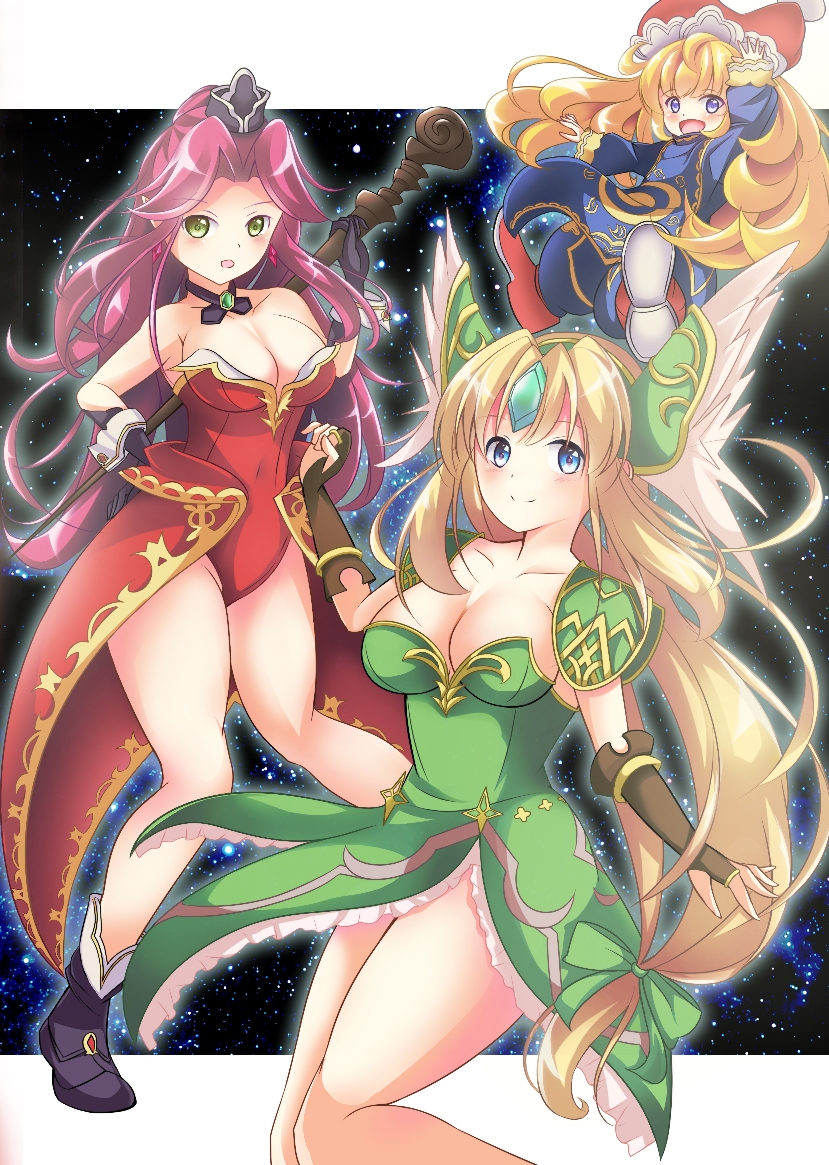 3girls, :d, angela_(seiken_densetsu_3), blonde_hair, blue_eyes, blue_tabard, blush, breasts
