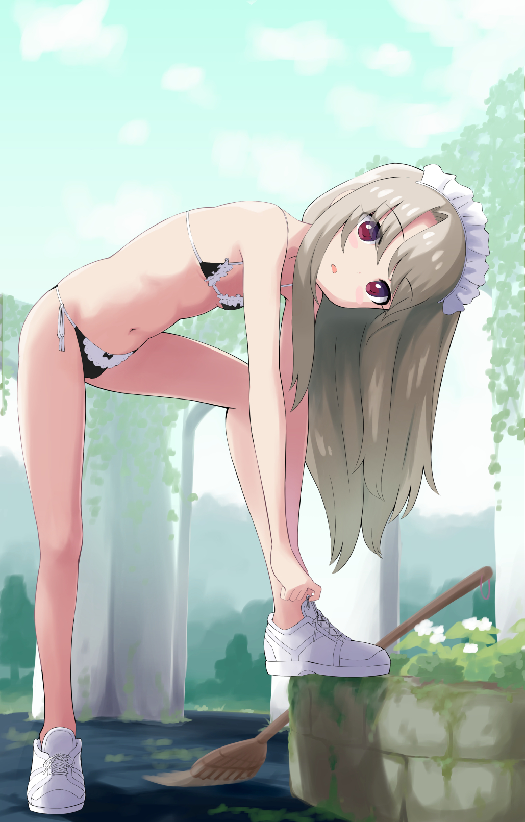 1girl, bangs, bare_shoulders, bent_over, bikini, black_bikini, blue_sky, blush