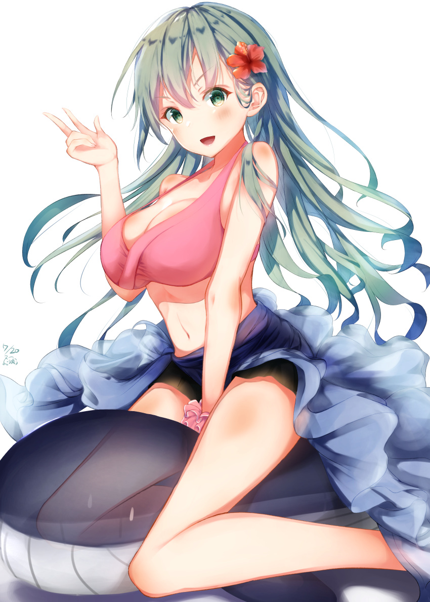 1girl, absurdres, bikini, blue_sarong, blush, breasts, dated, eyebrows_visible_through_hair