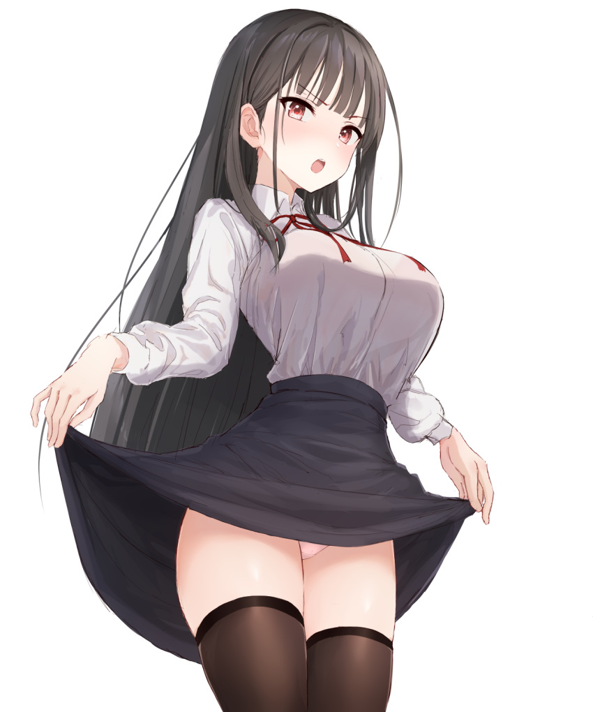 1girl, bangs, black_hair, black_legwear, black_skirt, blunt_bangs, breasts, collared_shirt