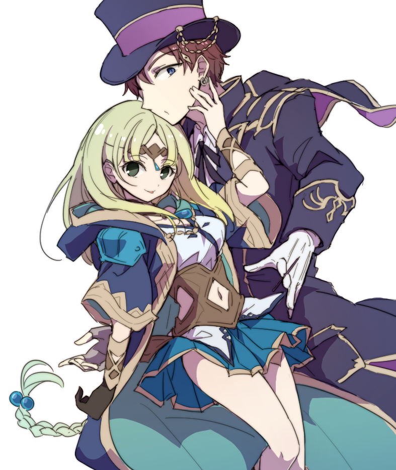 1boy, 1girl, atelier_(series), atelier_lulua, black_eyes, black_gloves, blonde_hair, blue_eyes