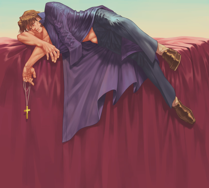 1boy, abs_peek, brown_eyes, brown_hair, cross, cross_necklace, fate/stay_night, fate_(series)
