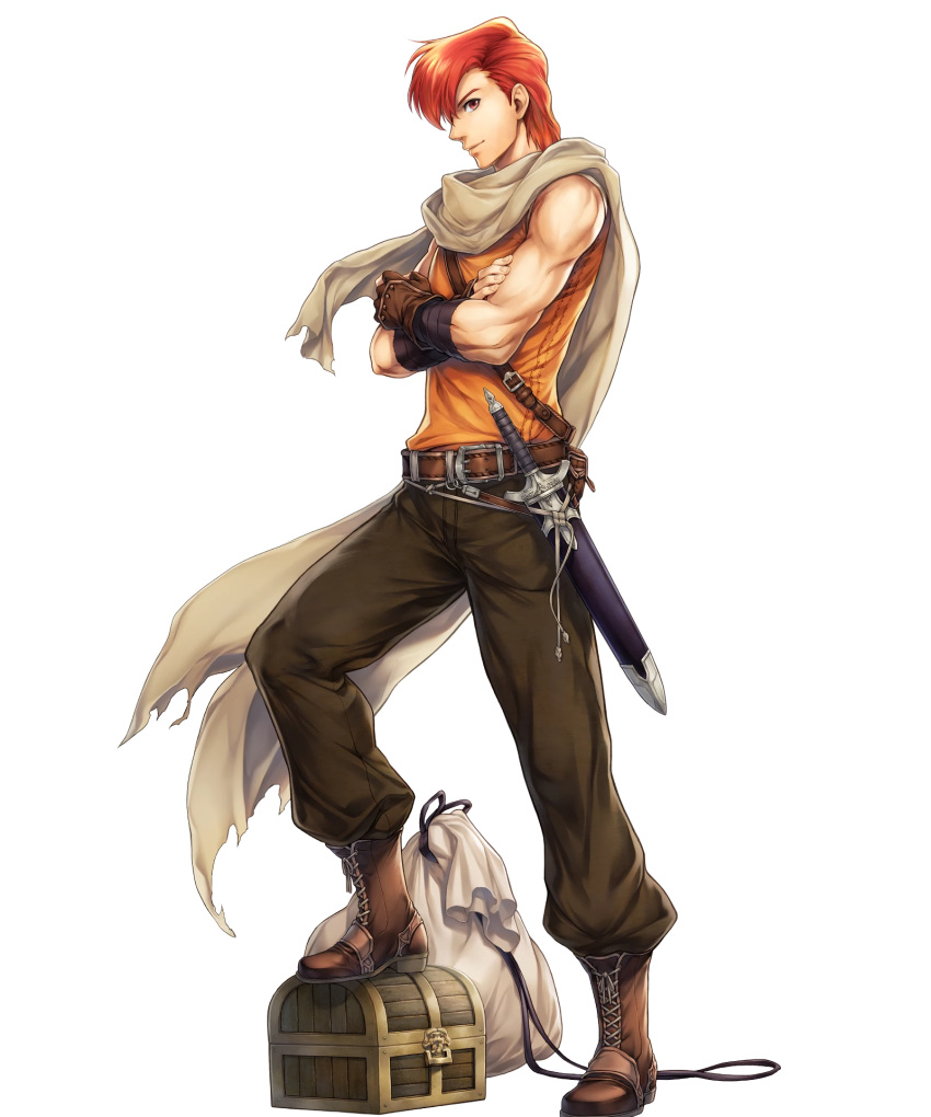 1boy, bag, belt, boots, crossed_arms, dagger, fingerless_gloves, fire_emblem