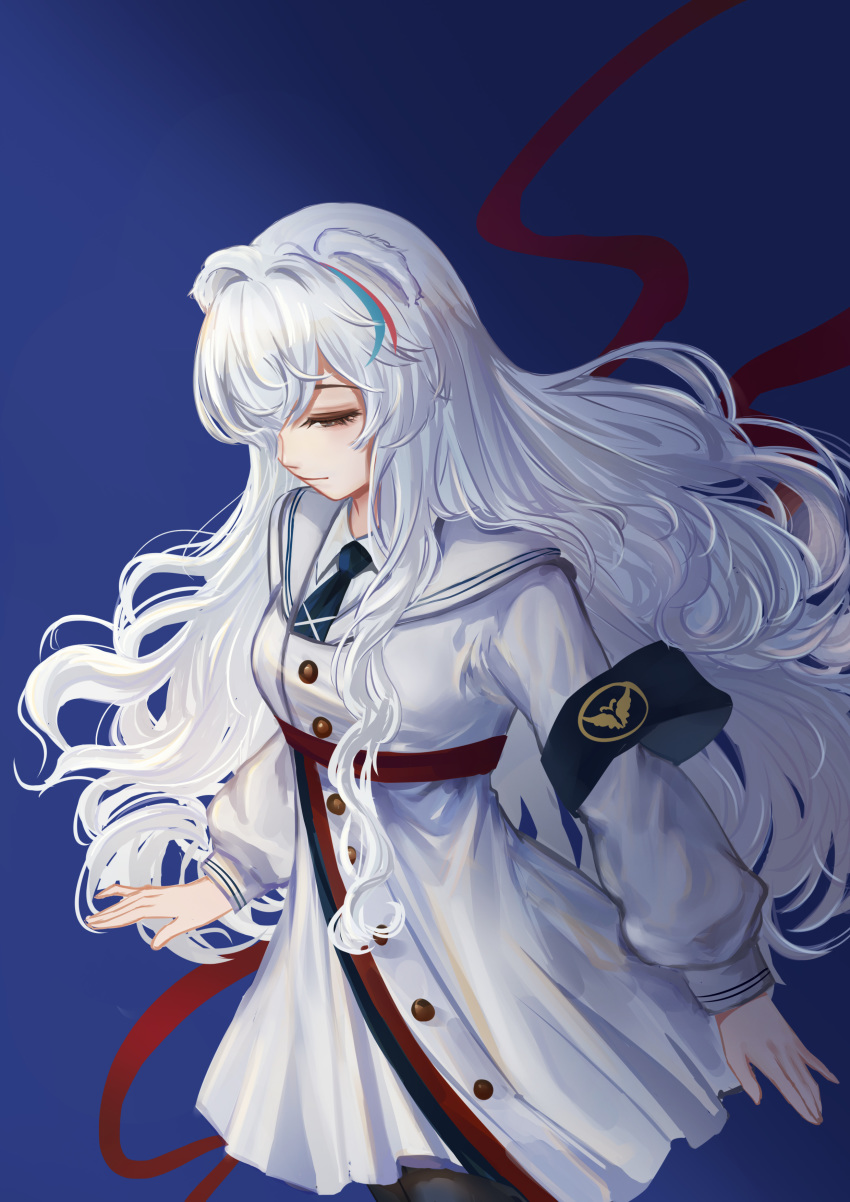 1girl, absurdres, animal_ears, arknights, armband, baicaitoucaomao, bangs, bear_ears, blue_background, blue_hair, blue_neckwear, cowboy_shot, dress, grey_eyes, highres, long_hair, long_sleeves, multicolored_hair, necktie, no_hat, no_headwear, redhead, rosa_(arknights), short_dress, silver_hair, solo, streaked_hair, very_long_hair, white_dress