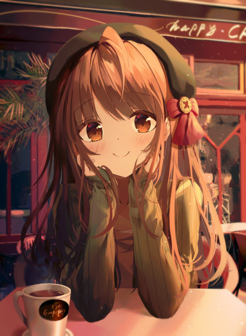 1girl, bangs, beret, black_headwear, black_jacket, blush, bow, brown_eyes