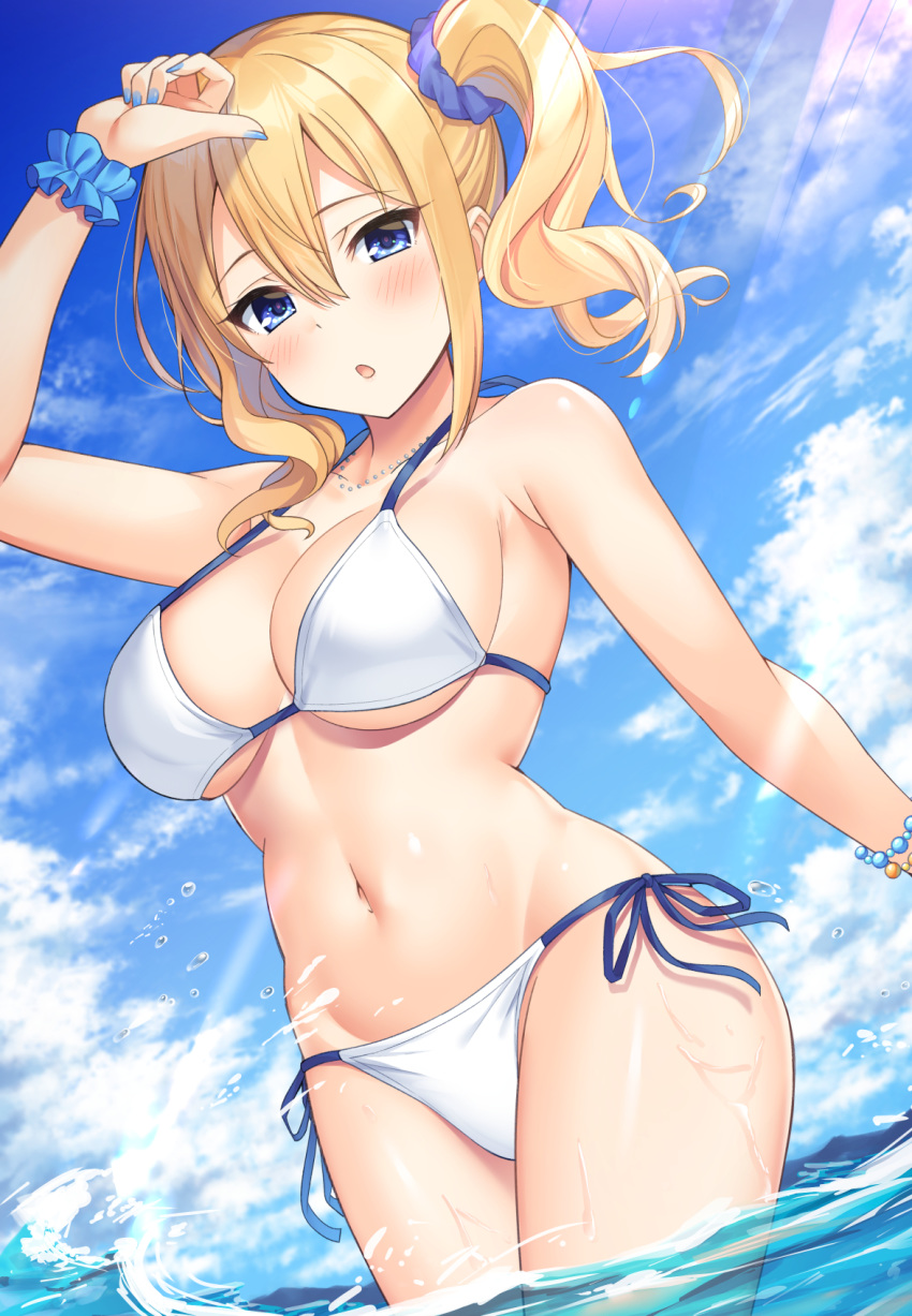 1girl, arm_up, bangs, bikini, blonde_hair, blue_eyes, blue_nails, blush