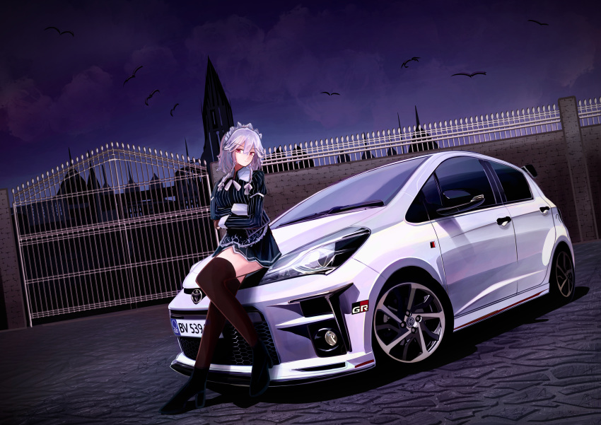 1girl, 3books, absurdres, architecture, car, crossed_arms, gothic_architecture, gothic_lolita