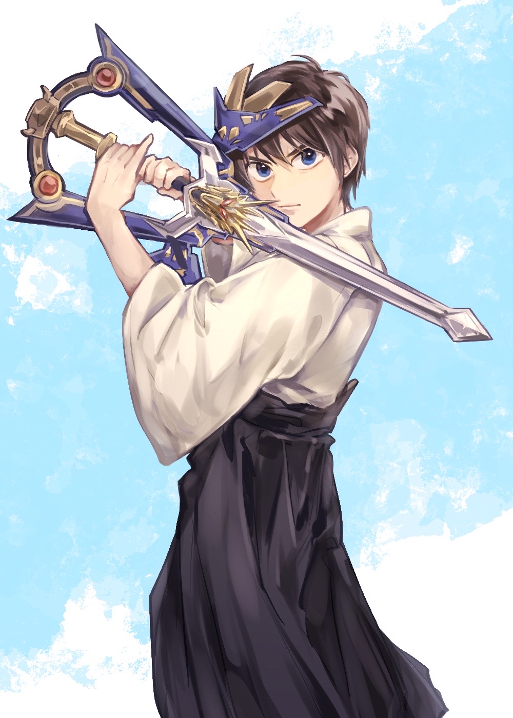 1boy, blue_eyes, bougu, brown_hair, clenched_hands, fighting_stance, highres, holding, holding_sword, holding_weapon, looking_at_viewer, madan_senshi_ryukendo, narukami_kenji, nky03, solo, sword, tokusatsu, v-shaped_eyebrows, weapon