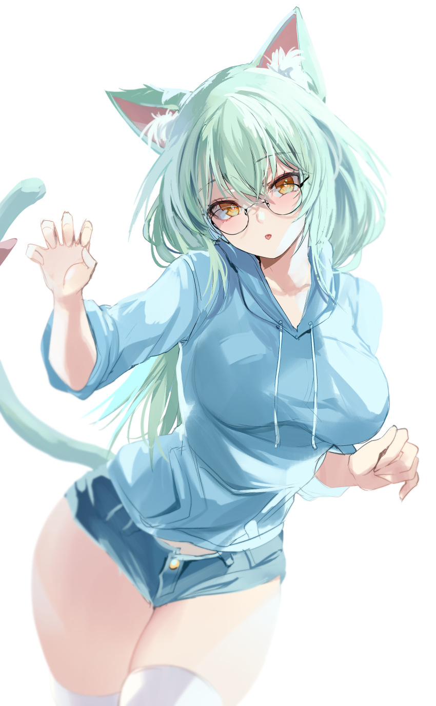 1girl, :o, absurdres, animal_ears, bangs, blue_hoodie, breasts, cat_ears