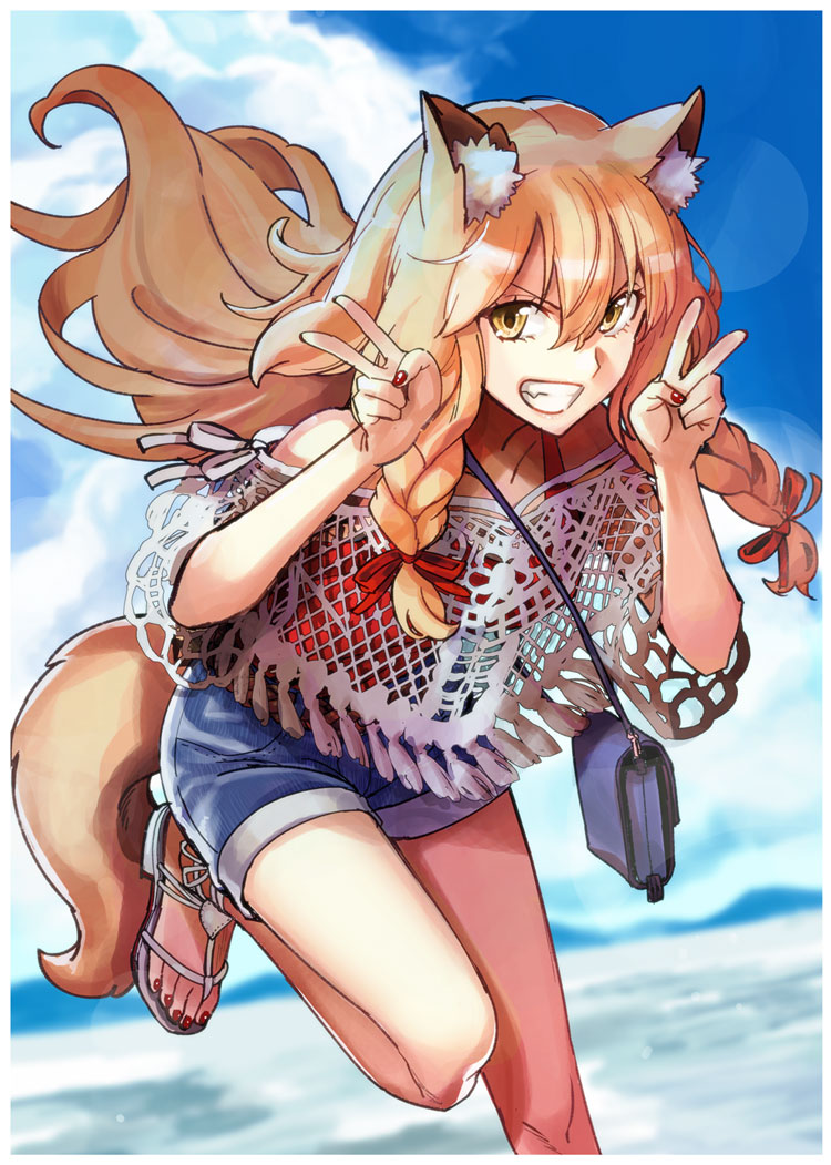 1girl, animal_ears, bag, braid, double_v, fate/extra, fate/extra_ccc, fate/extra_ccc_fox_tail
